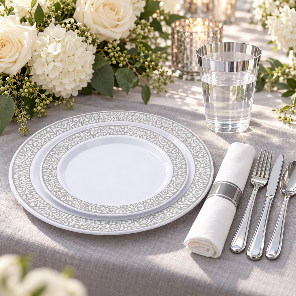 Silver Plastic Dinnerware Set for 50, 350 pc in a styled product photograph. Dinner plates, food, flowers and extra decor are styling props, not included.