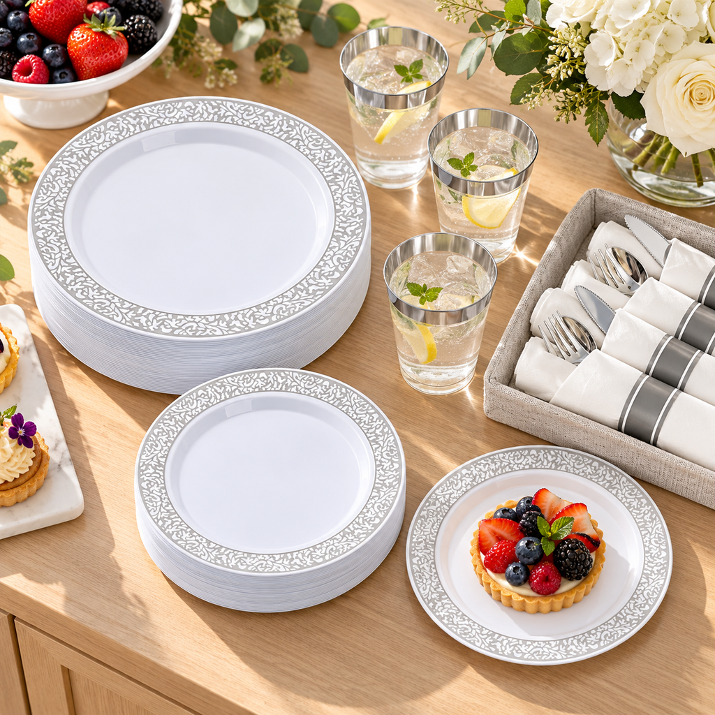 Silver Plastic Dinnerware Set for 50, 350 pc in a styled product photograph. Dinner plates, food, flowers and extra decor are styling props, not included.