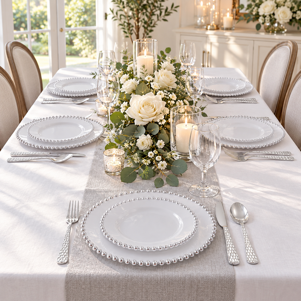 Silver pearl-edge party dinnerware on a full dining table. Food, glassware and extra decor are styling props, not included.
