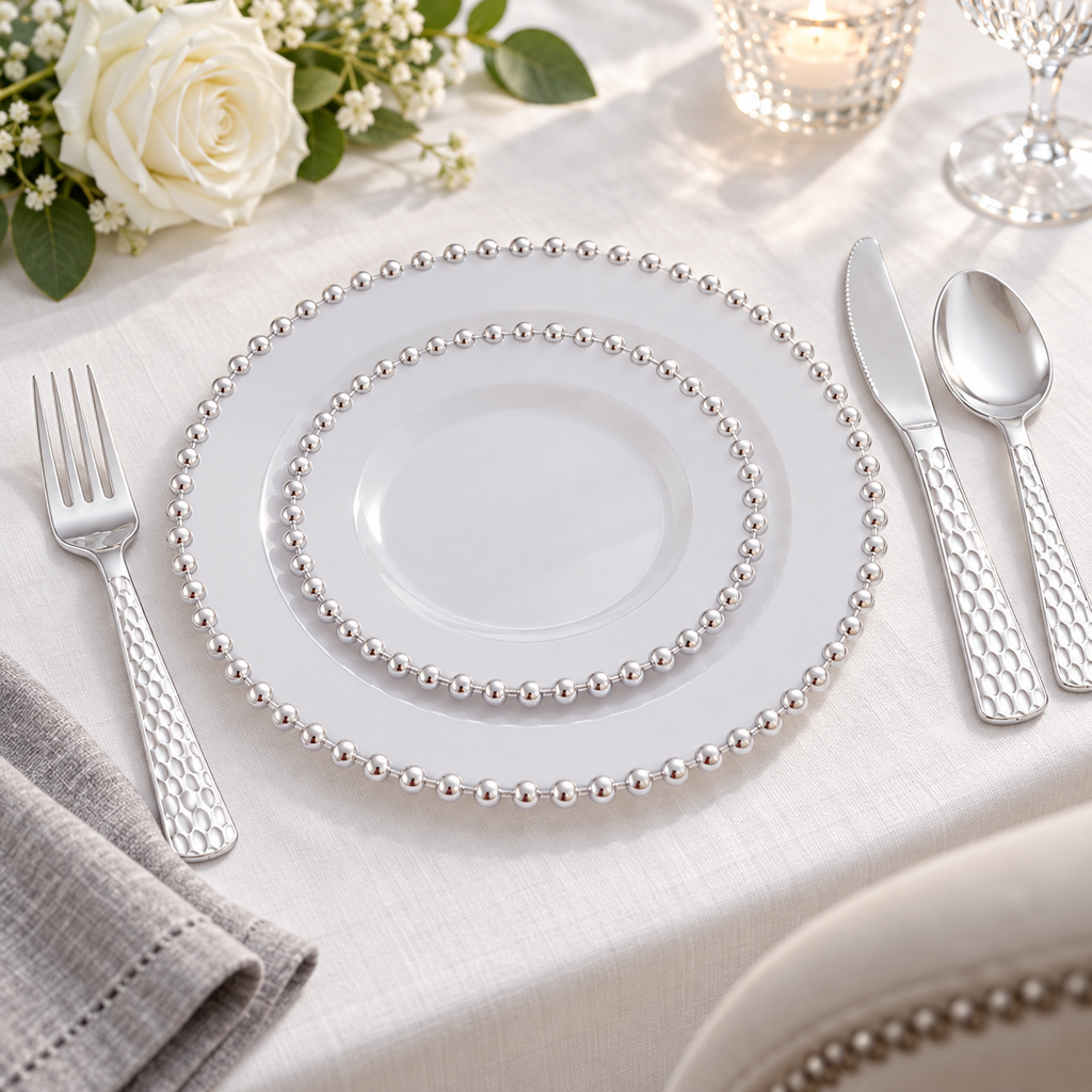 Silver pearl-edge plates and hammered-handle plastic cutlery in an individual setting. Food, glassware and extra decor are styling props, not included.
