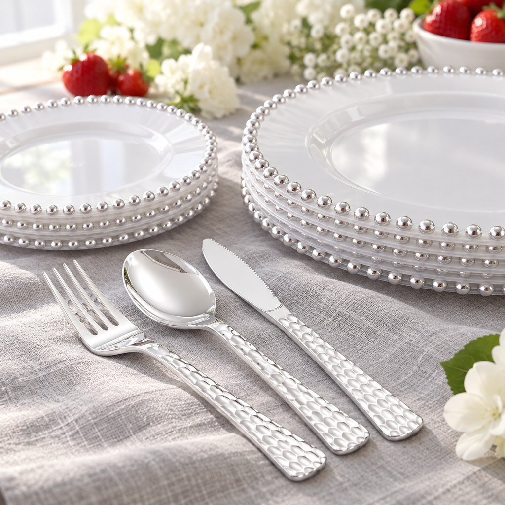 Detail of silver pearl-edge plates and coordinated plastic cutlery at a buffet. Food, glassware and extra decor are styling props, not included.