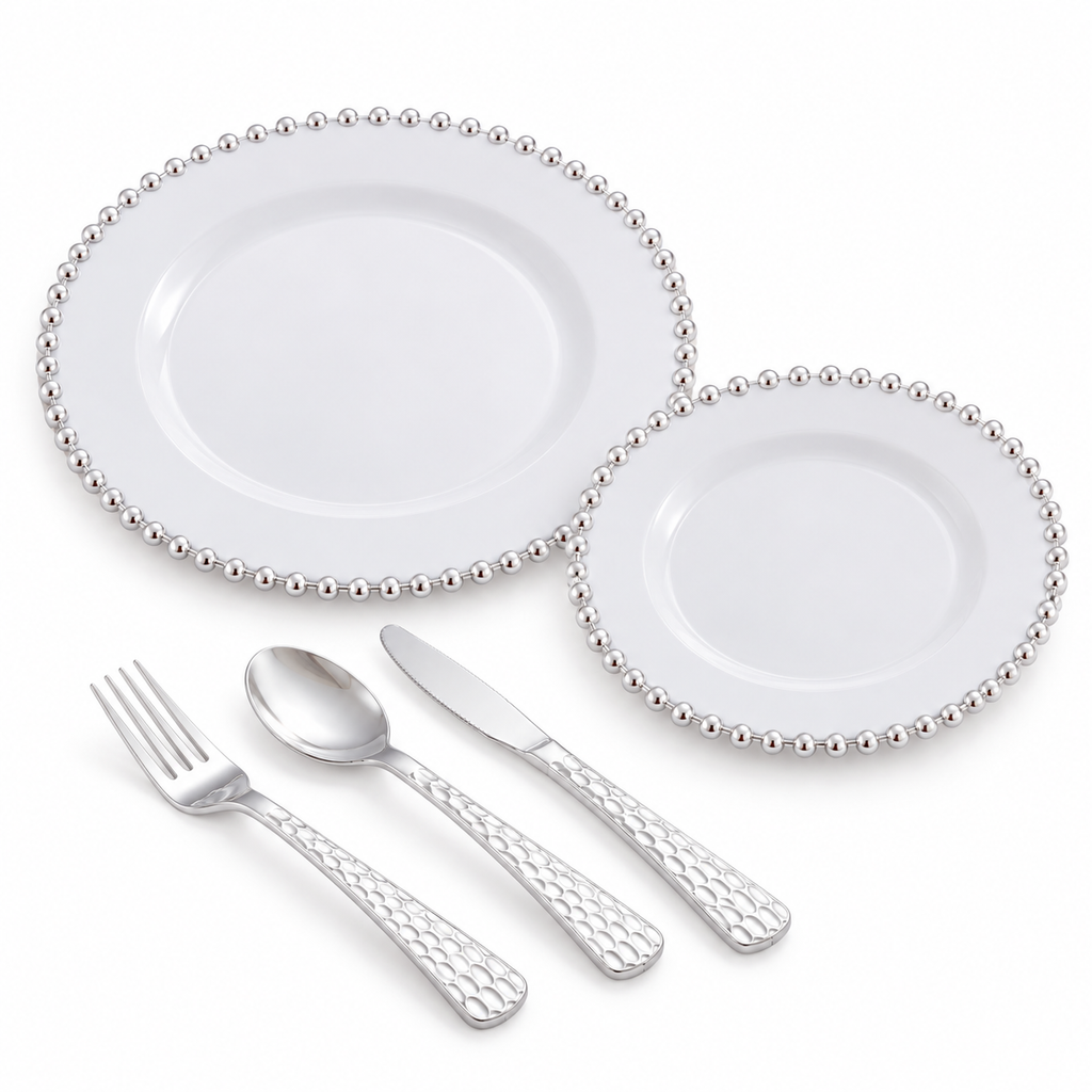 White studio view of silver pearl-edge plastic dinner and dessert plates with hammered-handle plastic cutlery. Representative components shown.