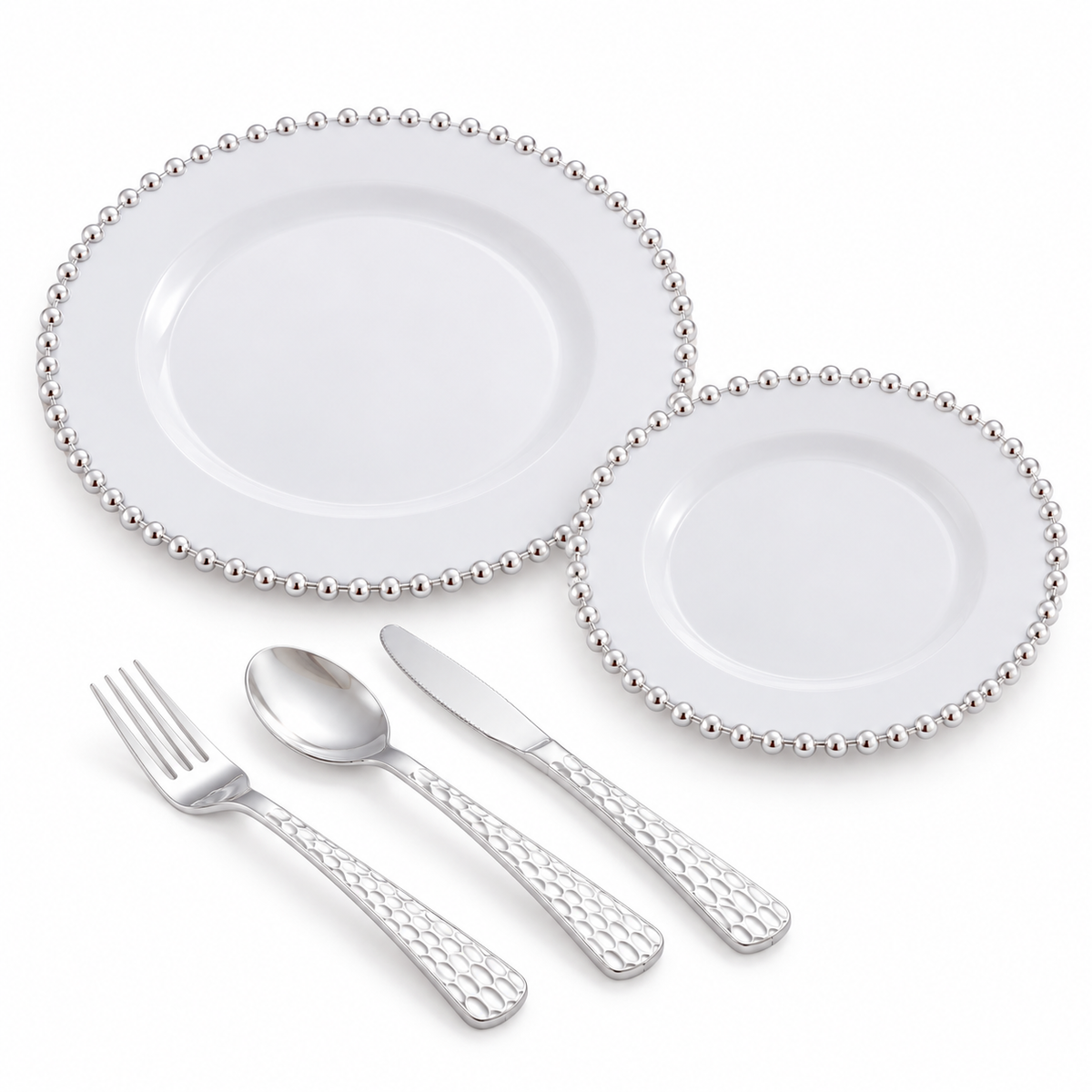 White studio view of silver pearl-edge plastic dinner and dessert plates with hammered-handle plastic cutlery. Representative components shown.