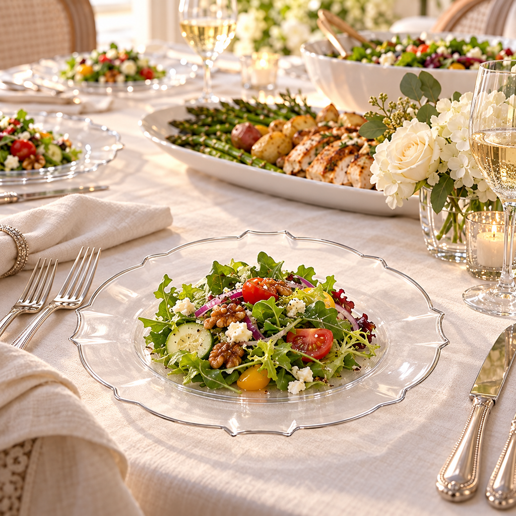 Clear petal-shaped plastic plates with silver rims on a full dining table. Food, tableware and extra decor are styling props, not included.