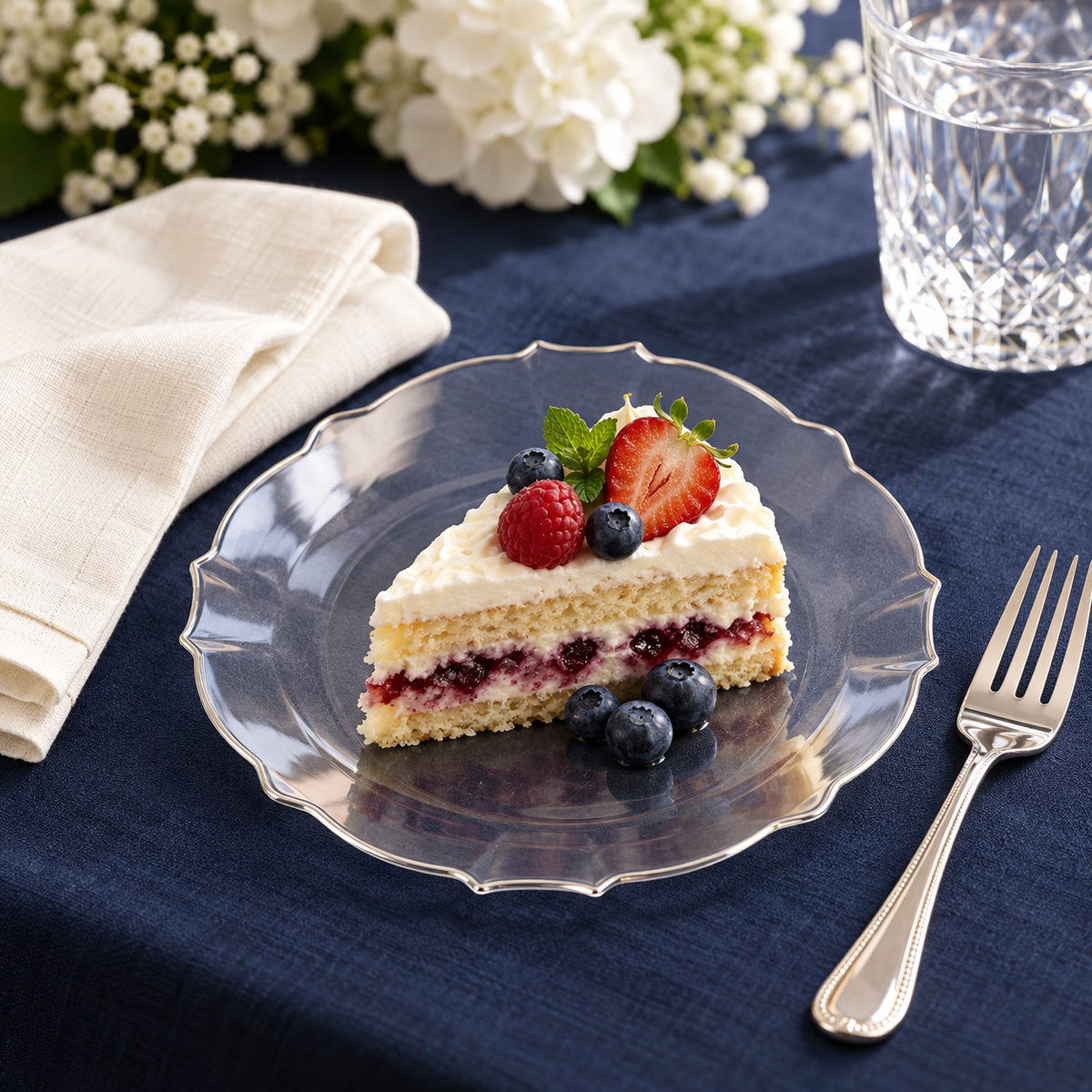 Clear petal-shaped plastic plate with a thin silver outline in an individual place setting. Food, tableware and extra decor are styling props, not included.