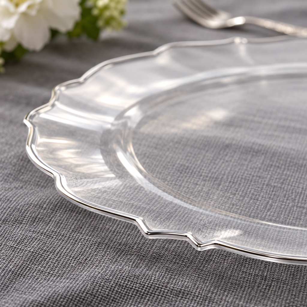 Close-up of clear plastic petal plates showing scalloped edges and thin silver outlines. Food, tableware and extra decor are styling props, not included.