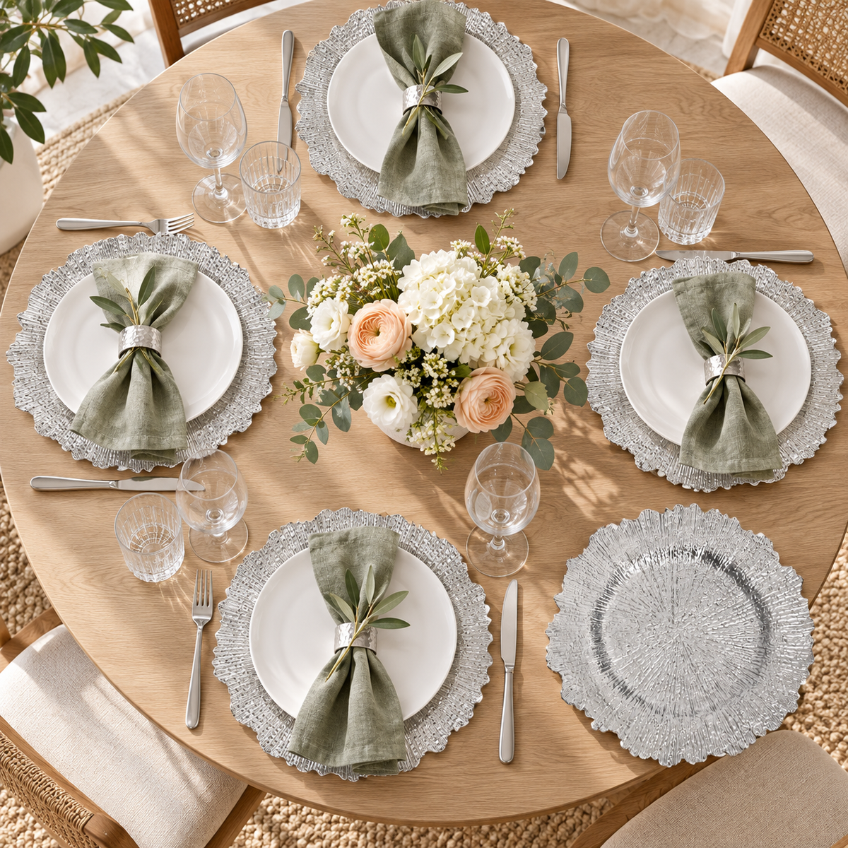Silver Ruffled Charger Plates, 100 pc in a styled product photograph. Dinner plates, food, flowers and extra decor are styling props, not included.