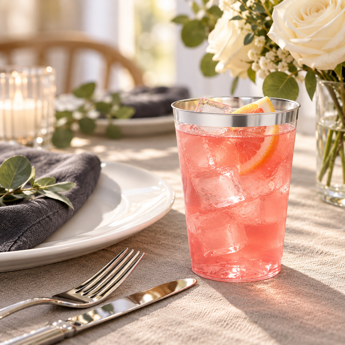 Silver Plastic Party Cups, 12 oz, 200 pc in a styled product photograph. Food, flowers and extra decor are styling props, not included.