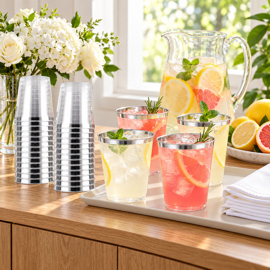 Silver Plastic Party Cups, 12 oz, 200 pc in a styled product photograph. Food, flowers and extra decor are styling props, not included.