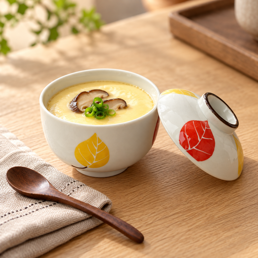 Small leaves ceramic steaming bowl serving savory steamed egg with its matching domed lid