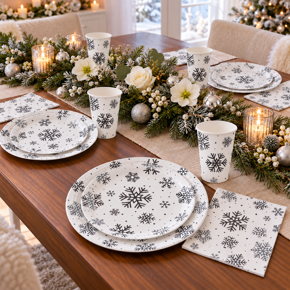 Snowflake Party Tableware Set for 25, 100 pc in a styled product photograph. Food, flowers and extra decor are styling props, not included.