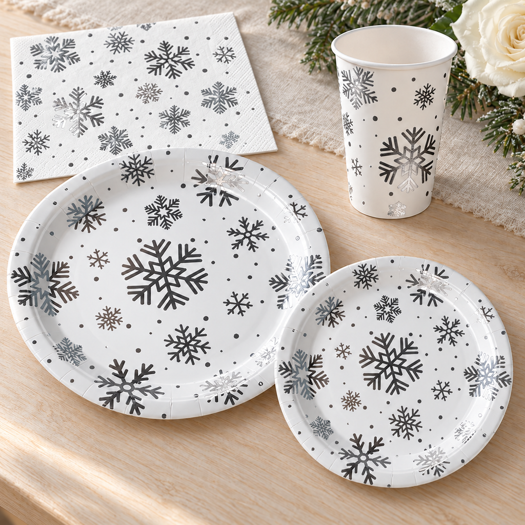 Snowflake Party Tableware Set for 25, 100 pc in a styled product photograph. Food, flowers and extra decor are styling props, not included.