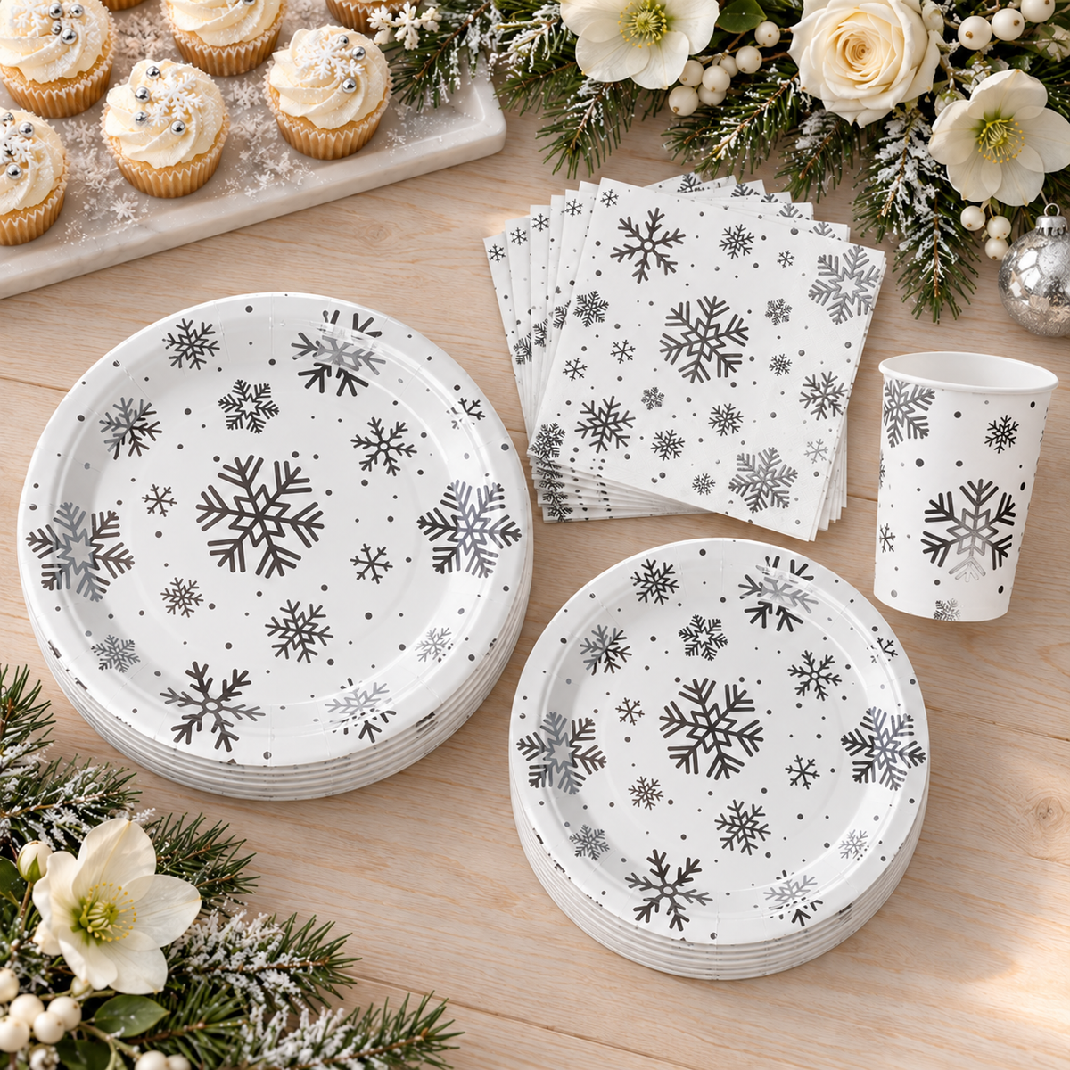 Snowflake Party Tableware Set for 25, 100 pc in a styled product photograph. Food, flowers and extra decor are styling props, not included.