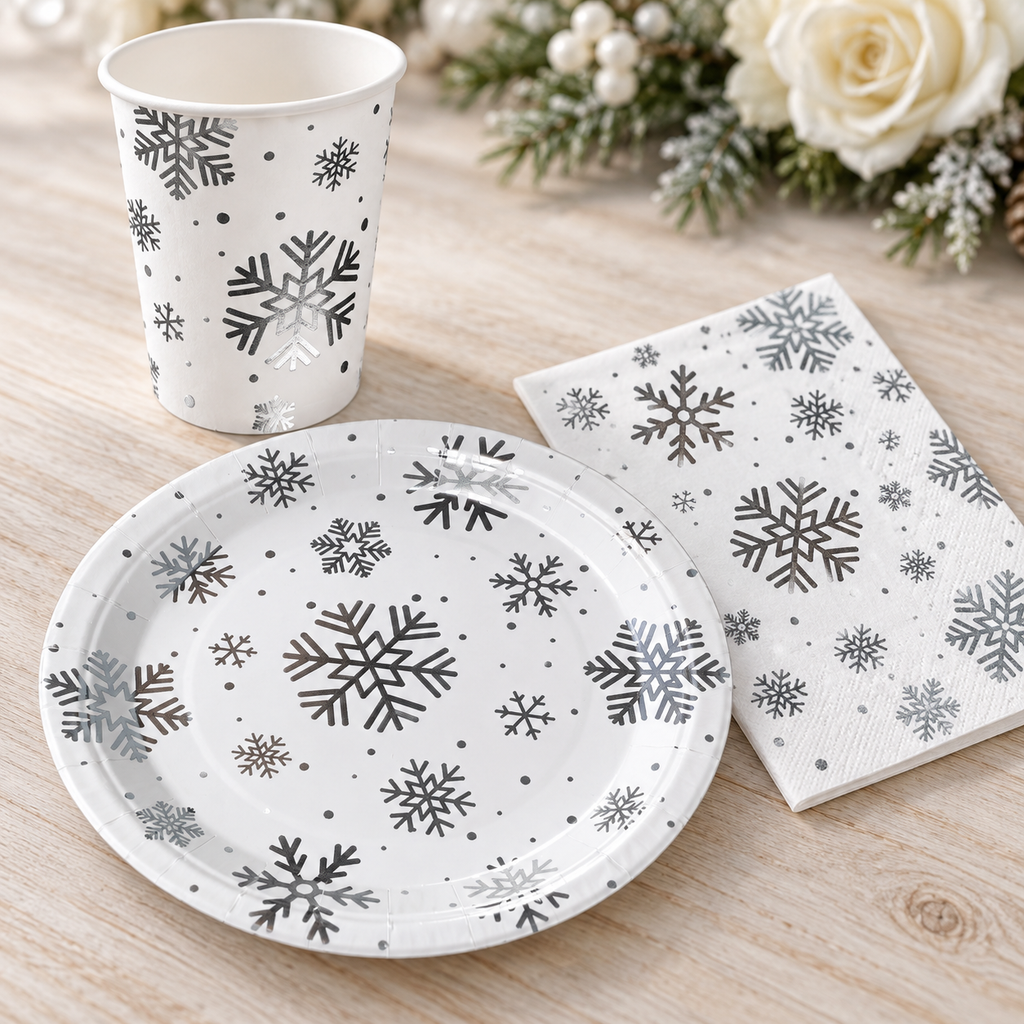 Snowflake Party Tableware Set for 25, 100 pc in a styled product photograph. Food, flowers and extra decor are styling props, not included.