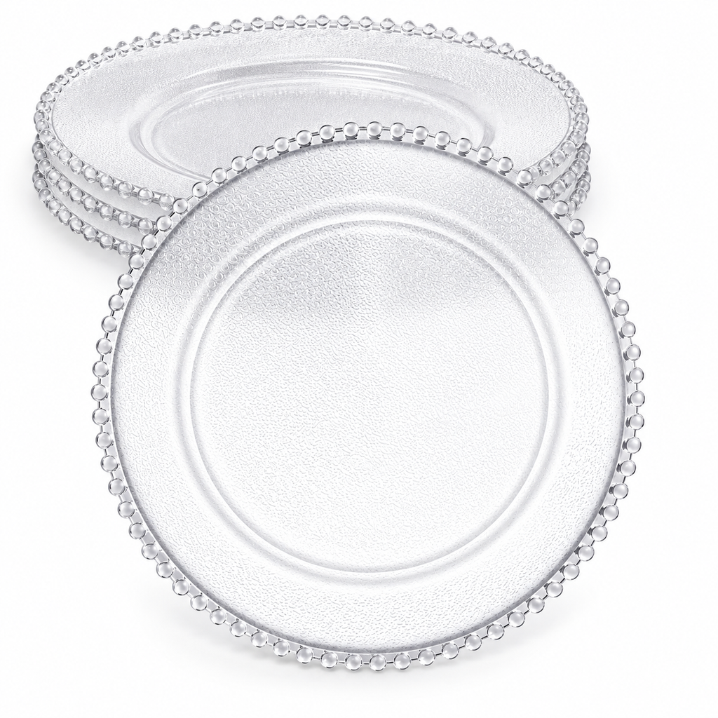 Clear beaded-rim charger with a shallow well and fine texture. Representative arrangement on white, not the full pack quantity.