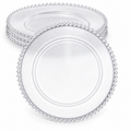 Clear beaded-rim charger with a shallow well and fine texture. Representative arrangement on white, not the full pack quantity.