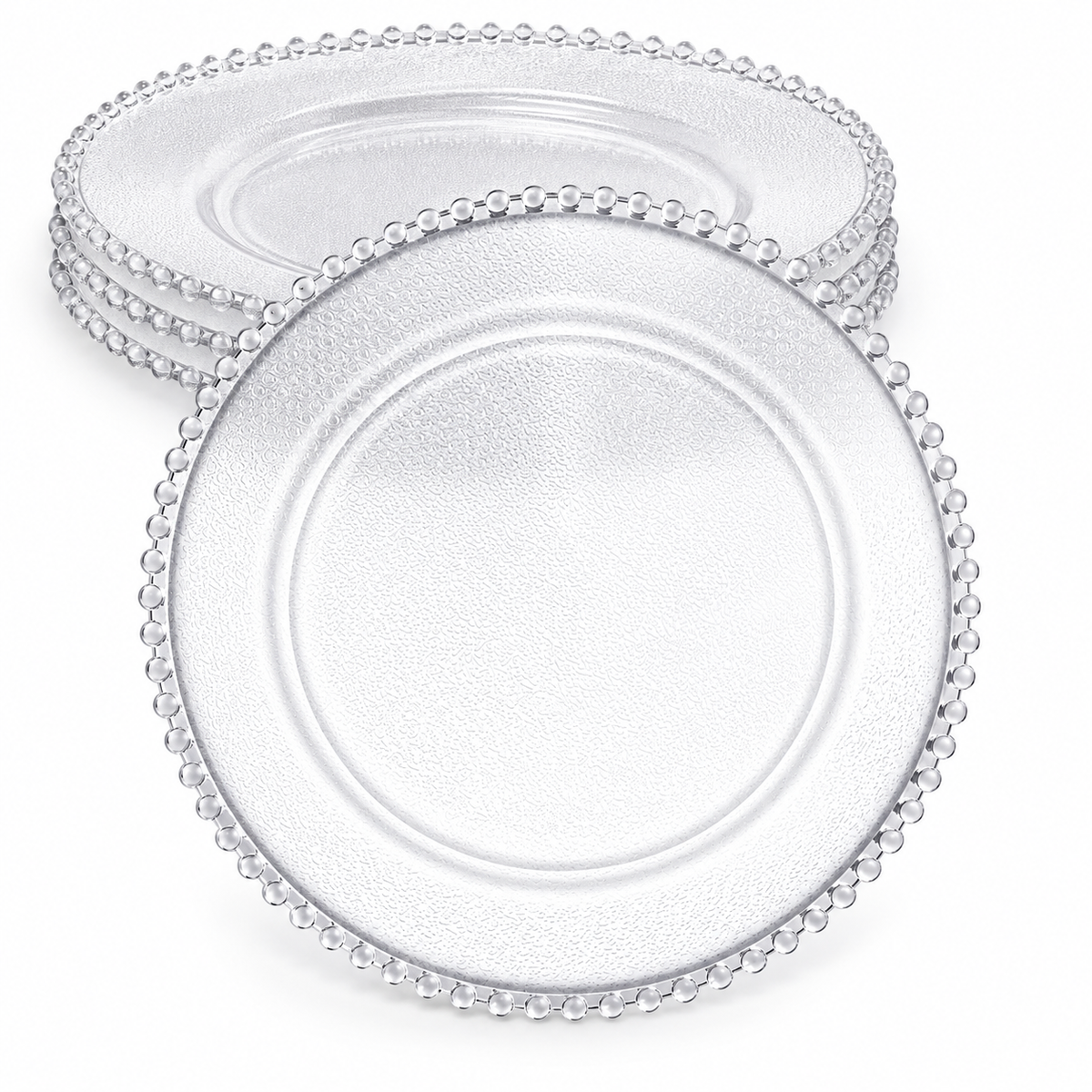 Clear beaded-rim charger with a shallow well and fine texture. Representative arrangement on white, not the full pack quantity.