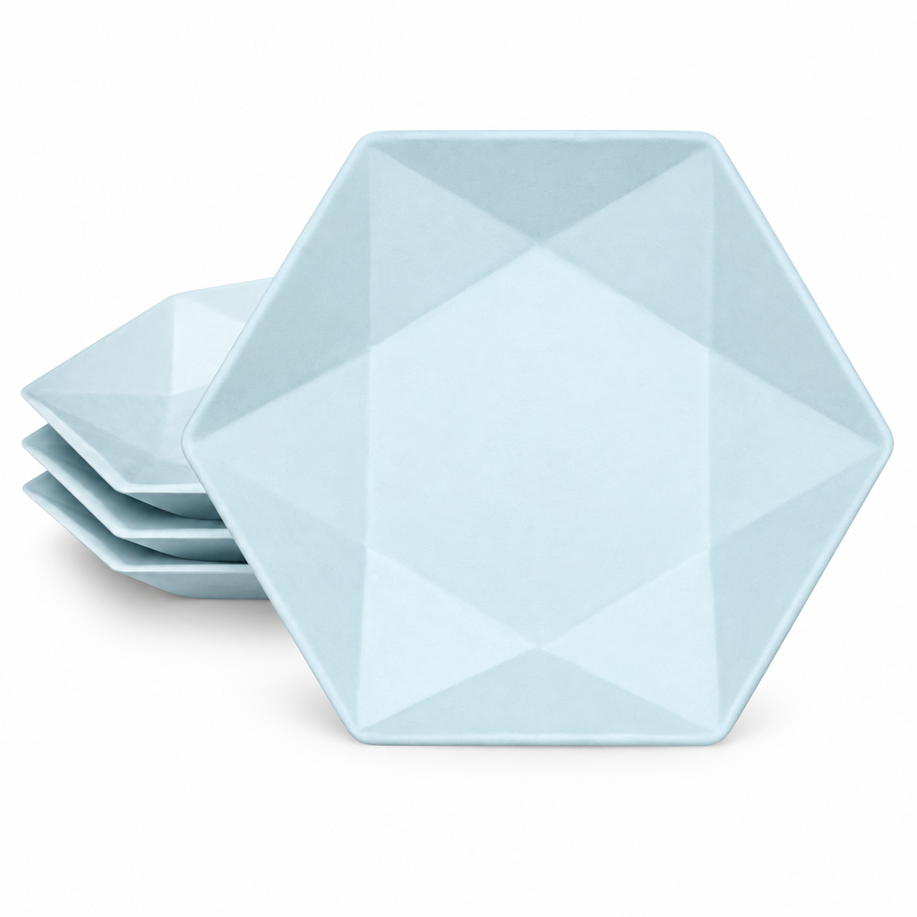 Pale blue hexagonal bagasse plate with triangular facets. Representative component arrangement on white, not the full pack quantity.