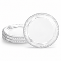 Clear round plastic plate with diagonal fluted rim. Representative arrangement on white, not the full pack quantity.