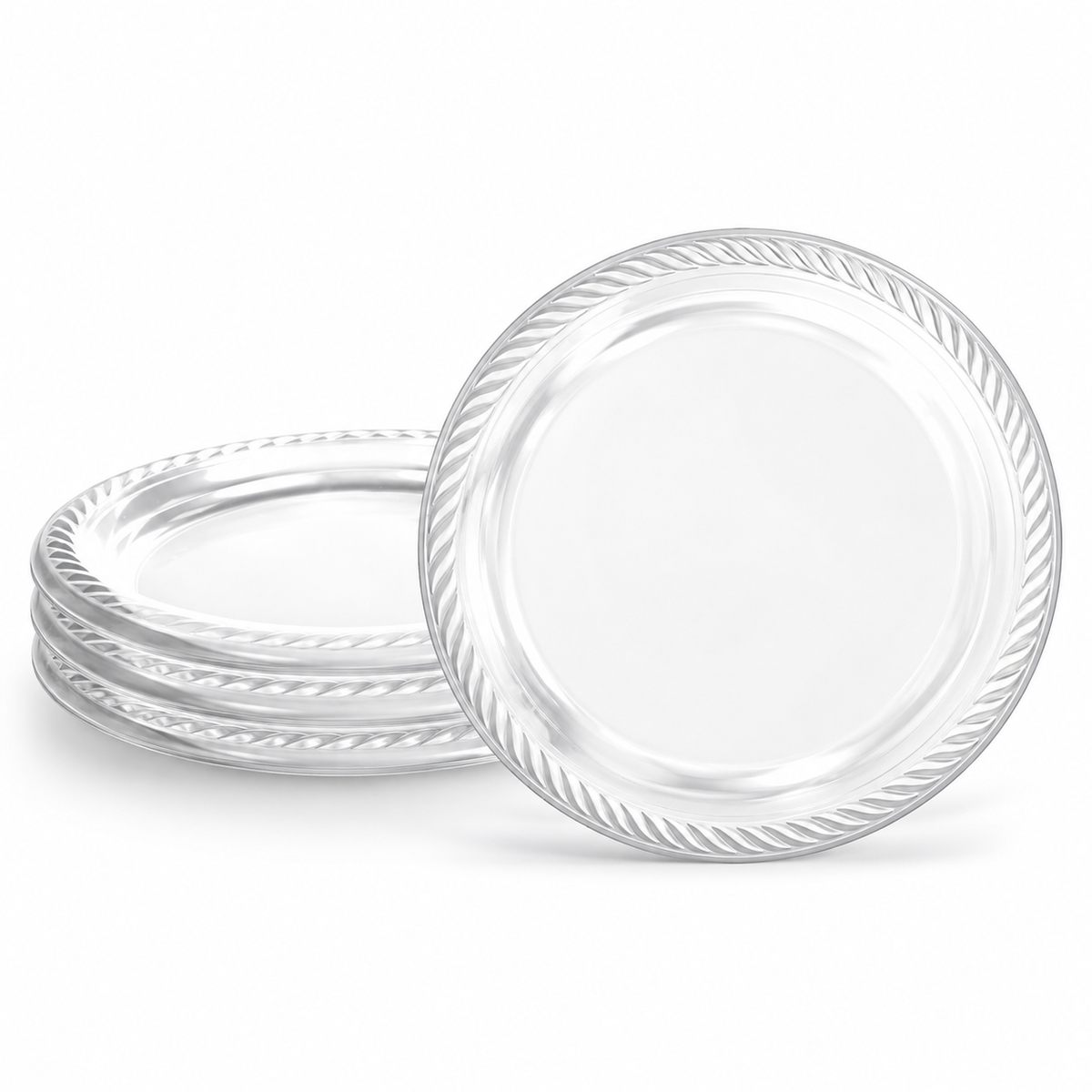 Clear round plastic plate with diagonal fluted rim. Representative arrangement on white, not the full pack quantity.
