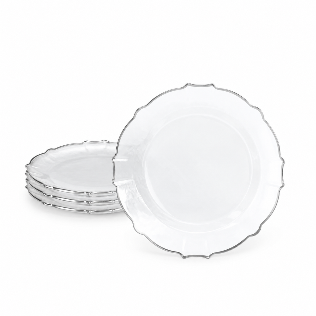 Clear plastic plate with scalloped petal edge and narrow silver rim. Representative arrangement on white, not the full pack quantity.