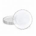 Clear plastic plate with scalloped petal edge and narrow silver rim. Representative arrangement on white, not the full pack quantity.