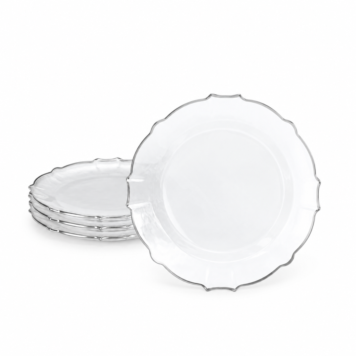 Clear plastic plate with scalloped petal edge and narrow silver rim. Representative arrangement on white, not the full pack quantity.
