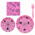 Pink spider-web plates, printed napkin and pink fork. Representative component arrangement on white, not the full pack quantity.