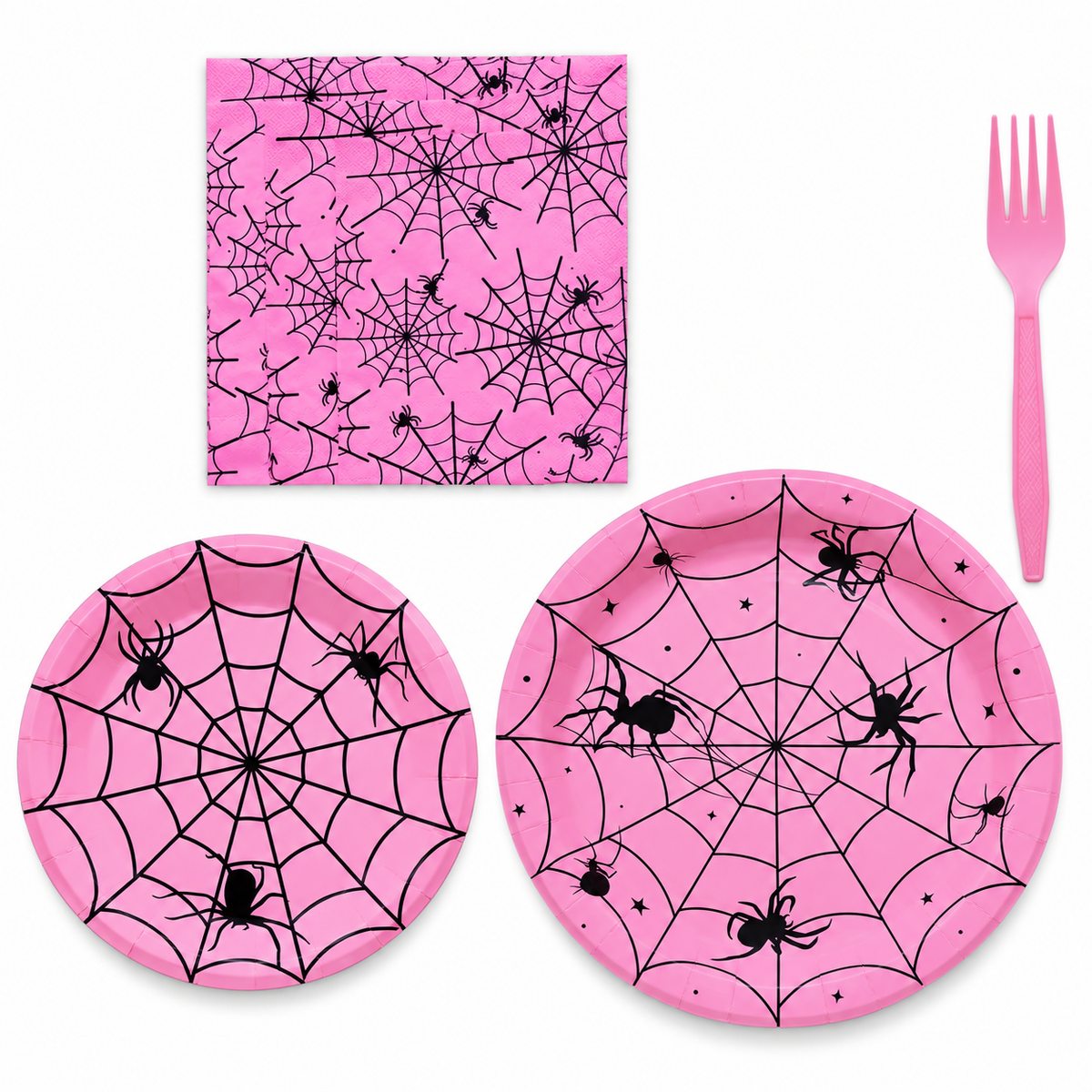 Pink spider-web plates, printed napkin and pink fork. Representative component arrangement on white, not the full pack quantity.