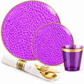 Purple hammered plates with thin gold rims and matching cup. Representative component arrangement on white, not the full pack quantity.