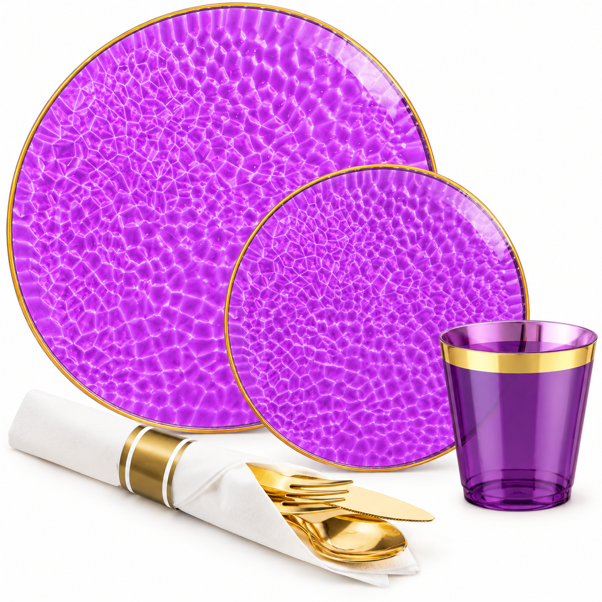 Purple hammered plates with thin gold rims and matching cup. Representative component arrangement on white, not the full pack quantity.