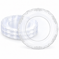 Clear plastic plate with ornate embossed scroll rim. Representative arrangement on white, not the full pack quantity.