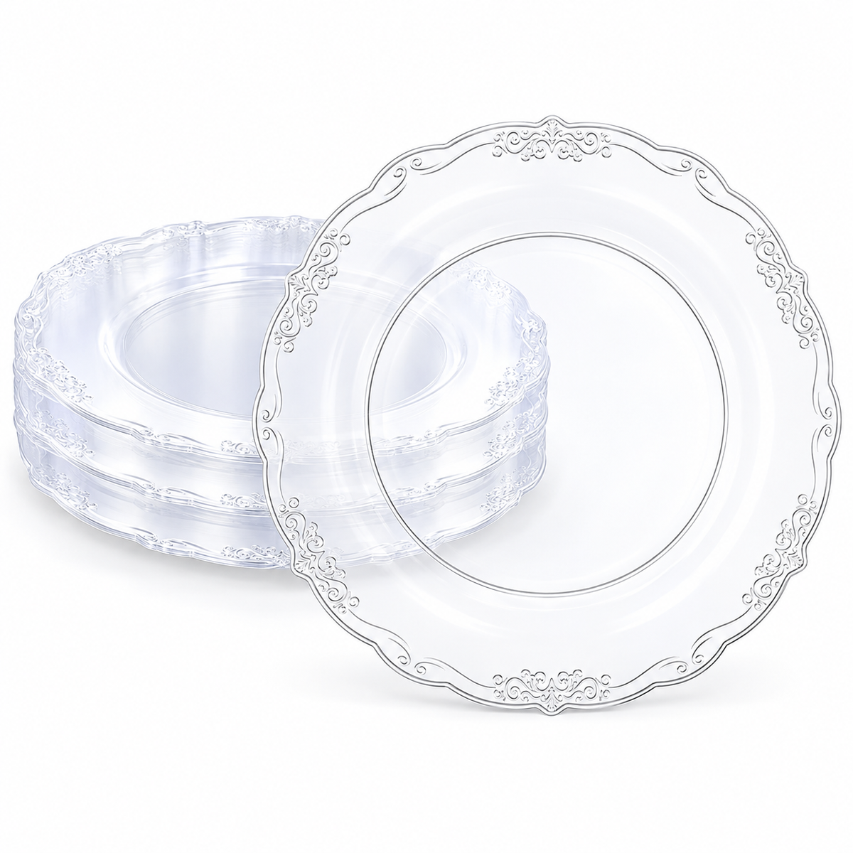 Clear plastic plate with ornate embossed scroll rim. Representative arrangement on white, not the full pack quantity.