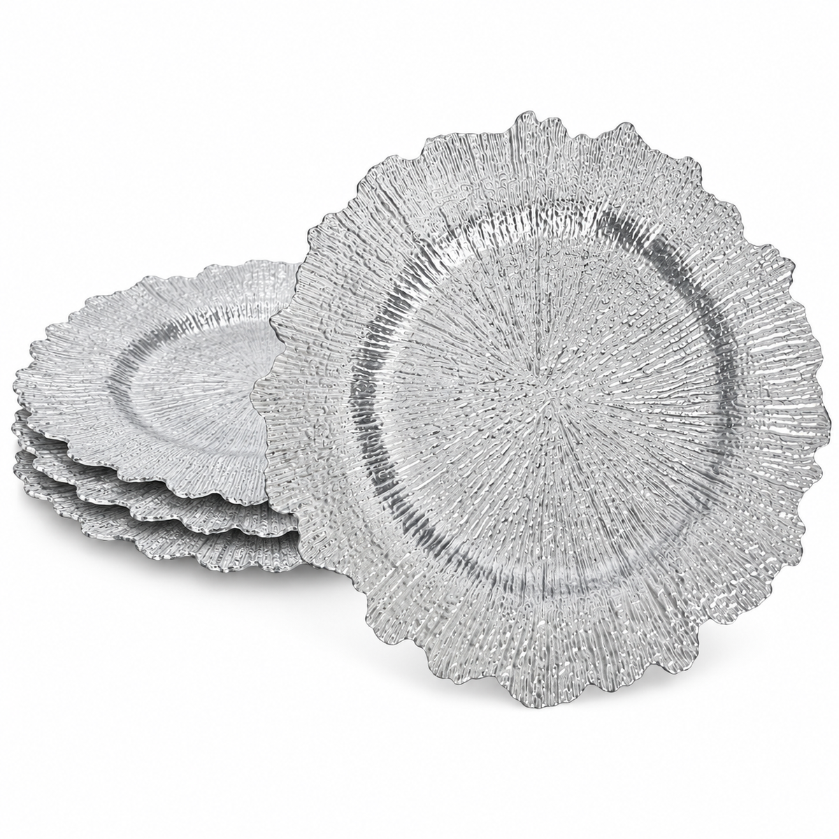 Silver ruffled charger with fine radial texture and an irregular scalloped perimeter. Representative arrangement on white, not the full pack quantity.