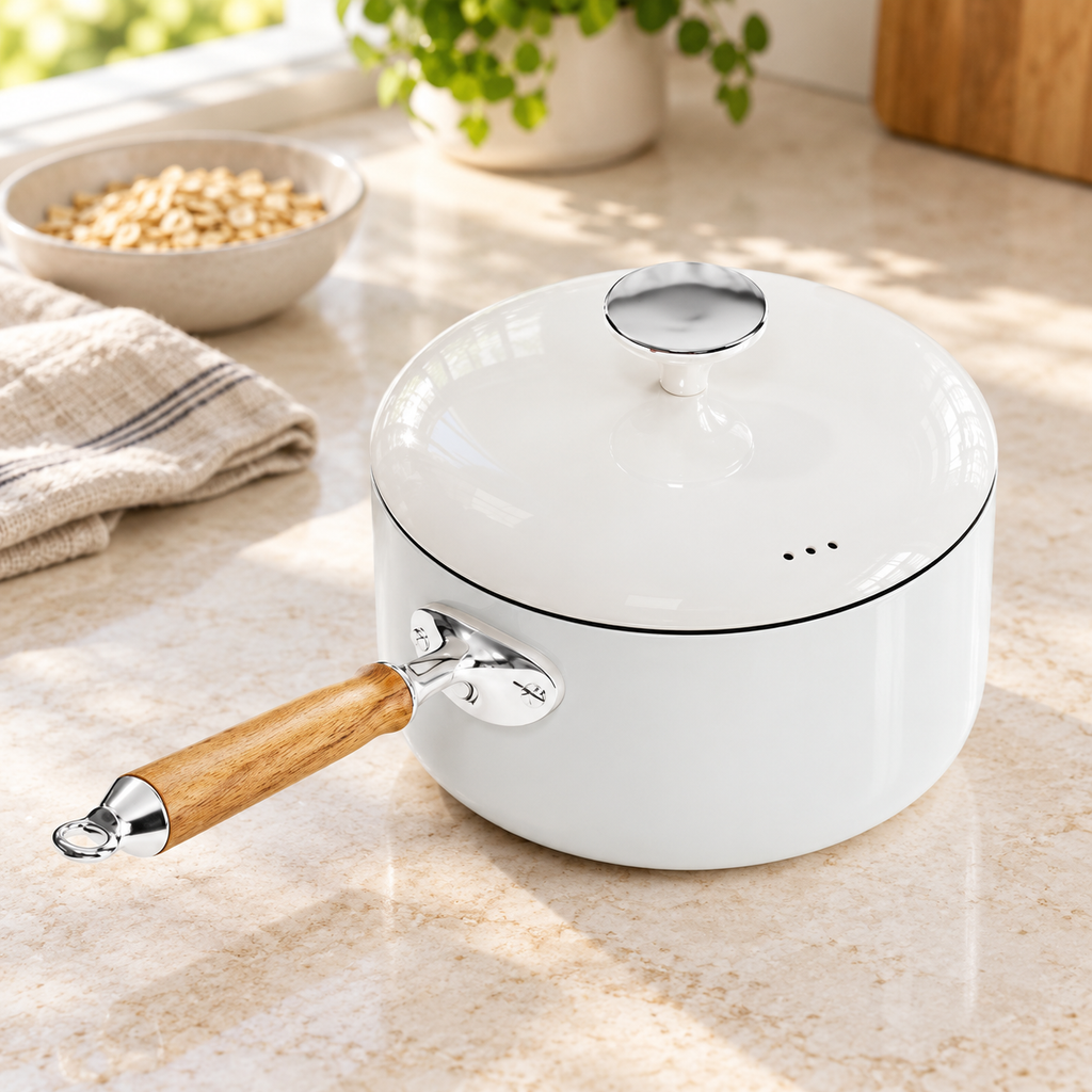 Tall white saucepan with closed lid and natural wood handle on a kitchen countertop