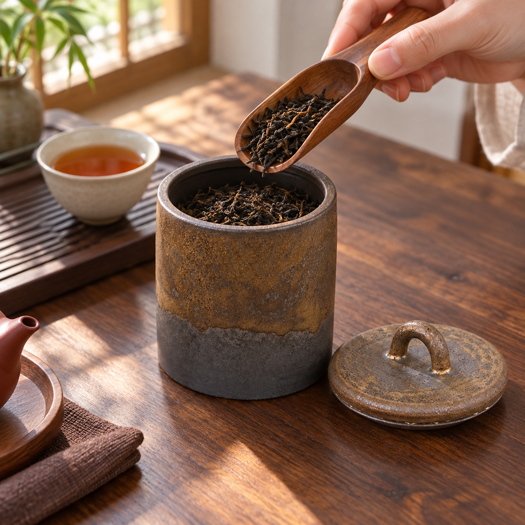Open bronze ceramic tea canister used for scooping loose tea