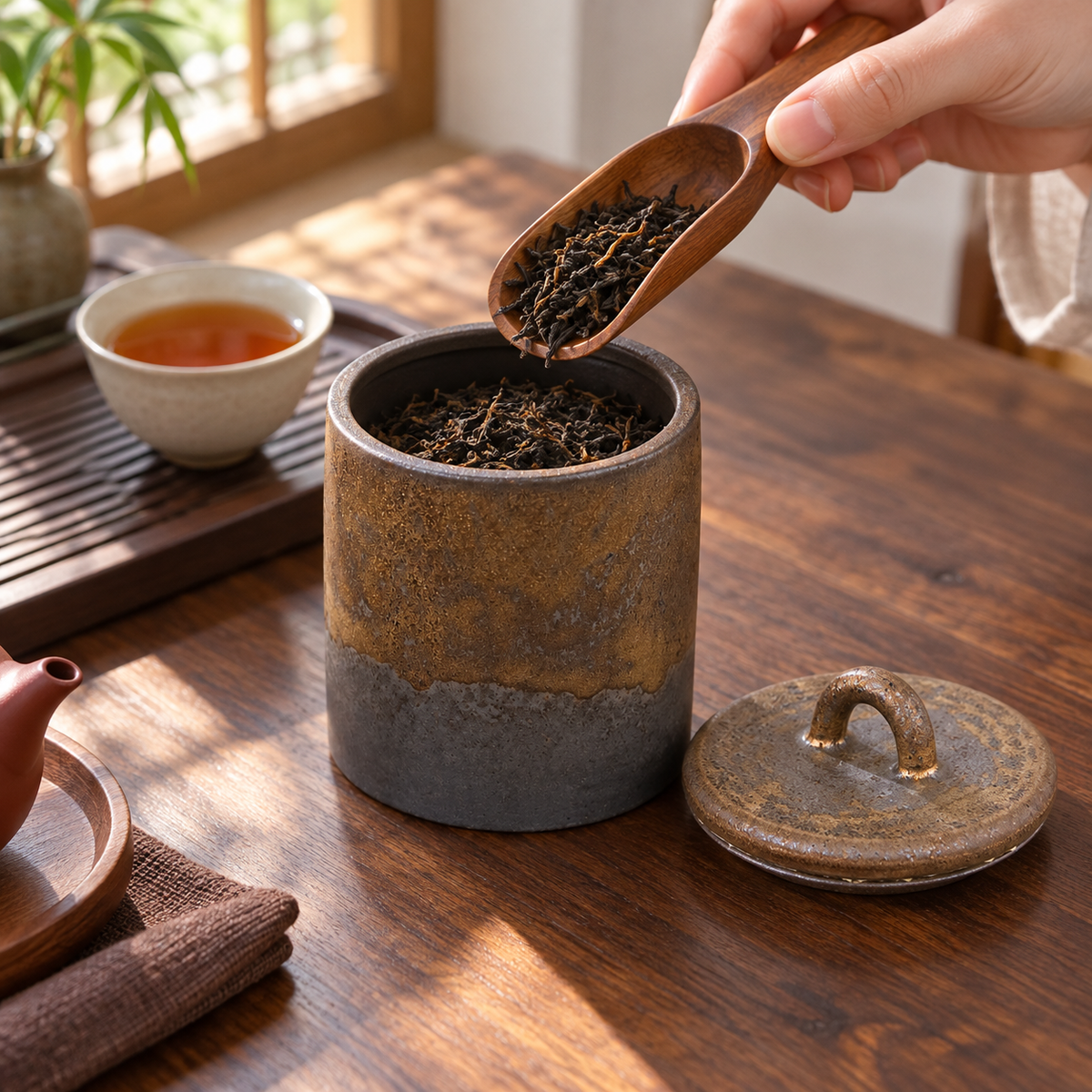 Open bronze ceramic tea canister used for scooping loose tea