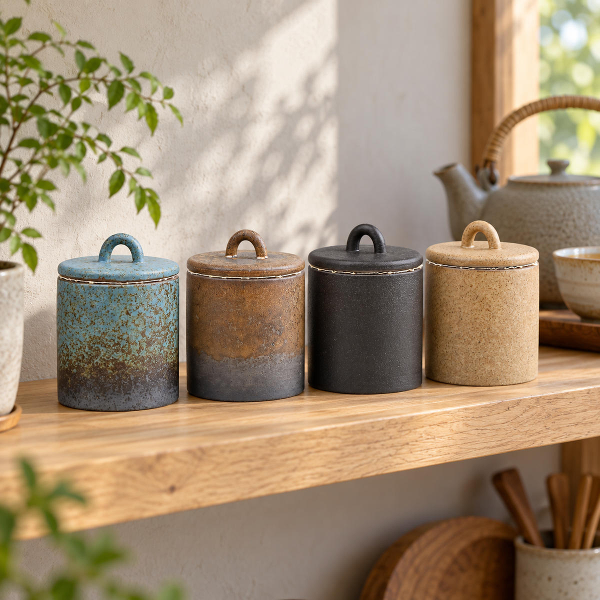 All four ceramic tea canister finishes on a home tea shelf
