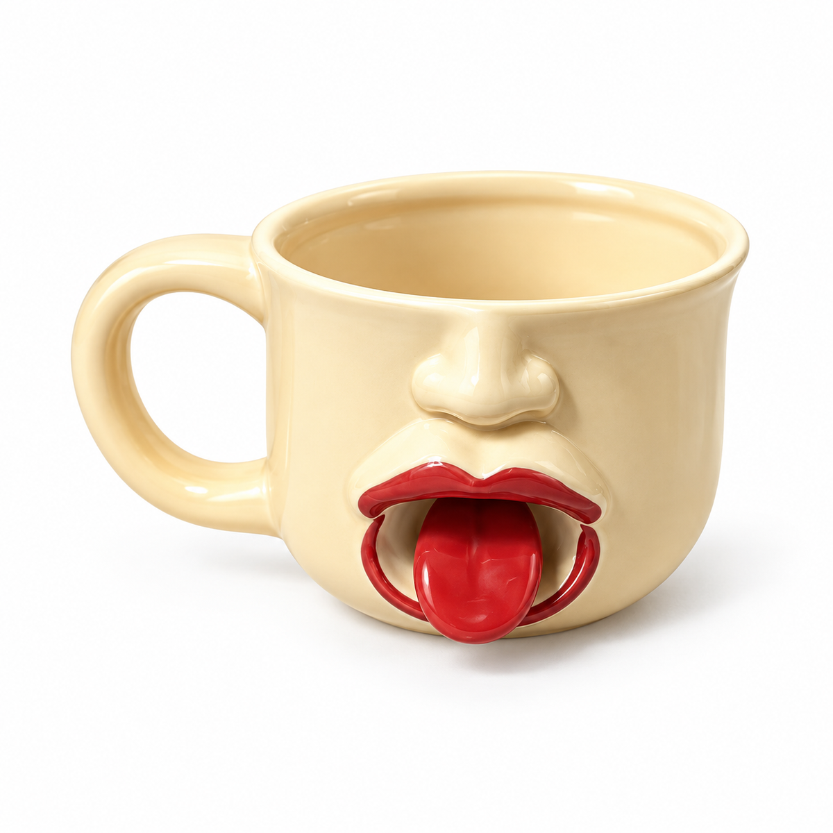 Cream ceramic tongue-out mug on white background