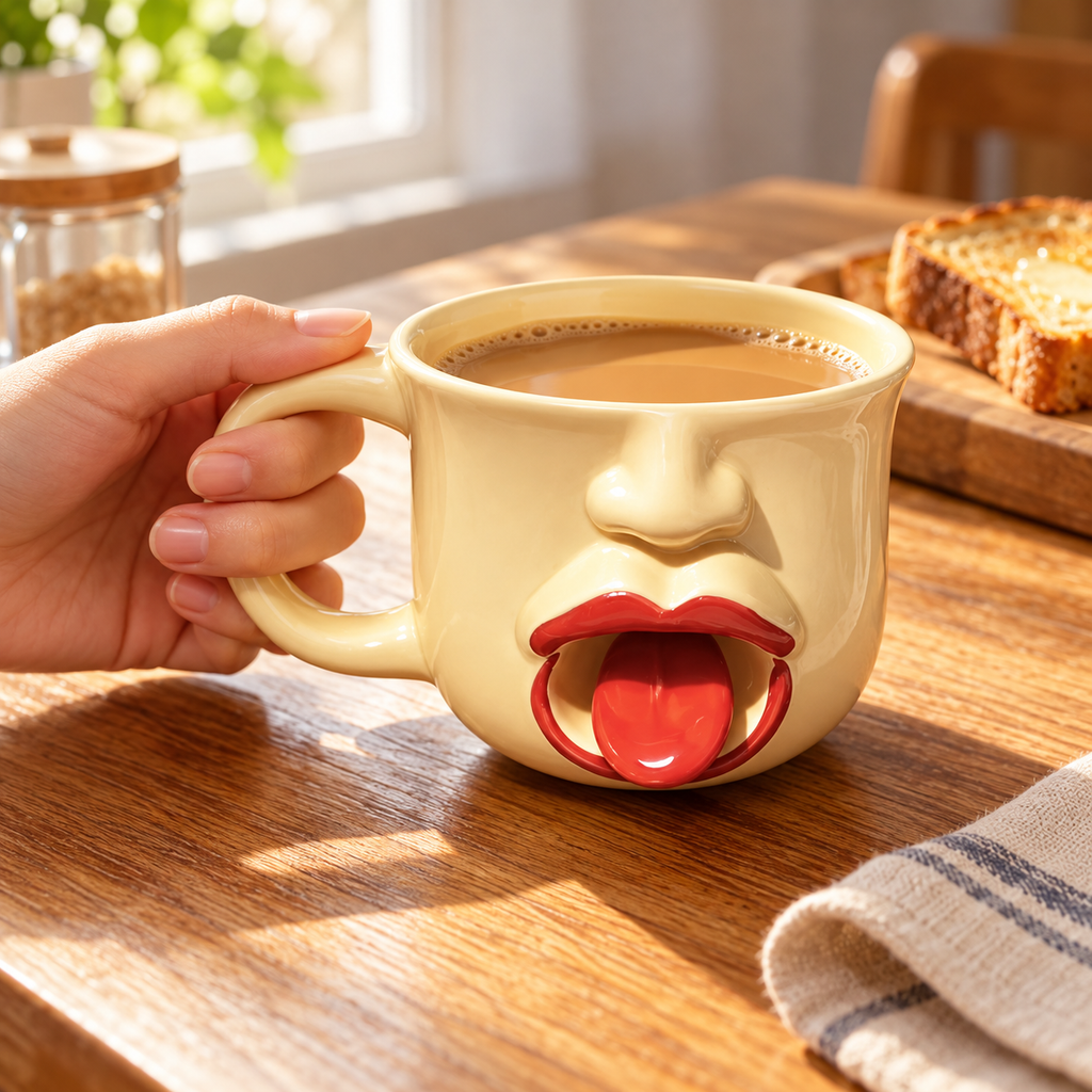 Tongue-out ceramic mug with coffee at breakfast