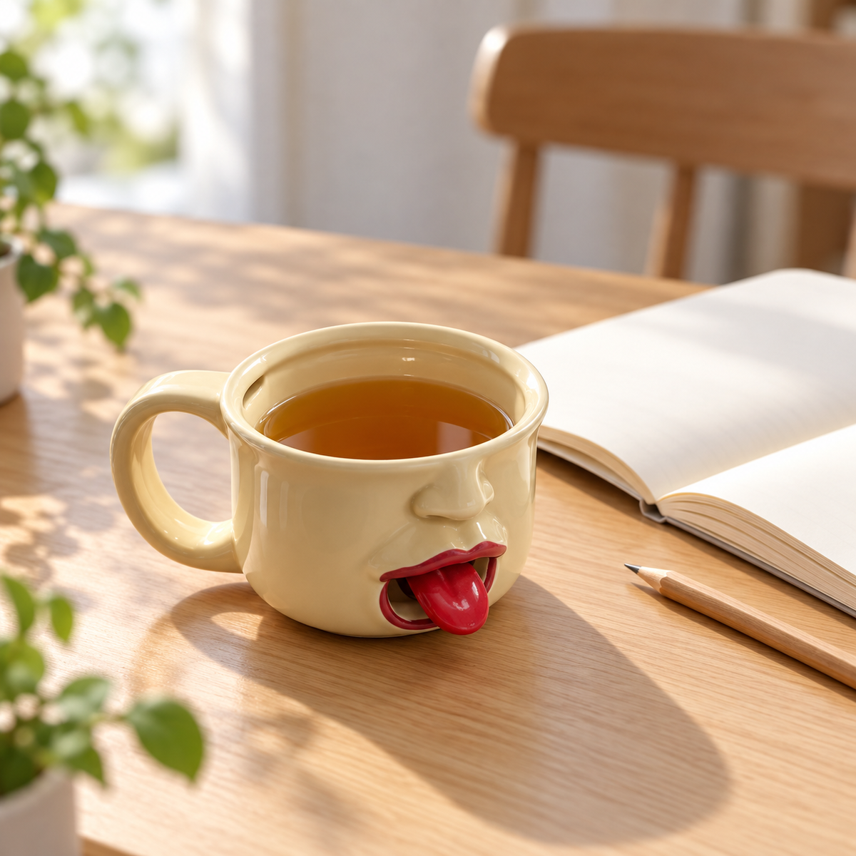 Tongue-out mug with tea on a home desk