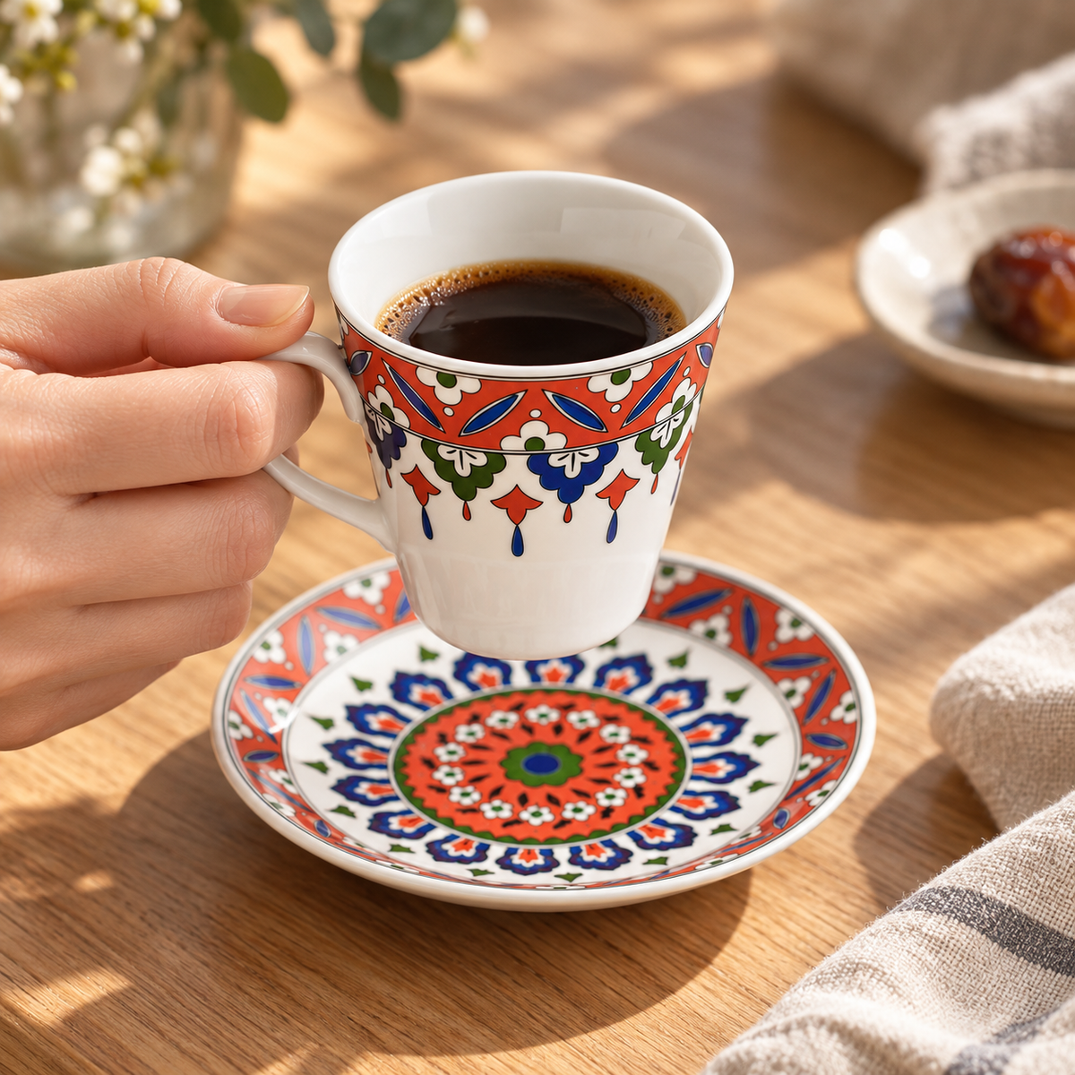 Coral red Turkish coffee cup lifted over its matching saucer