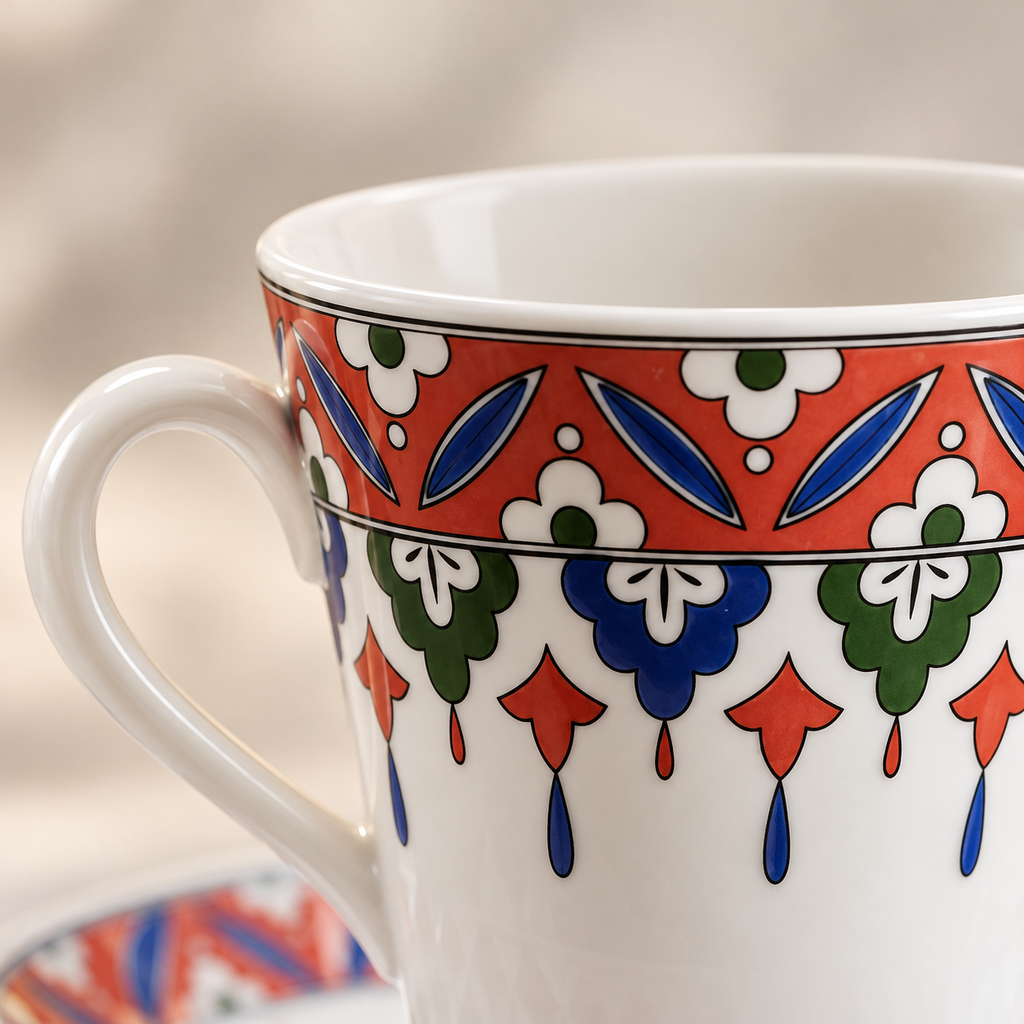 Close view of the coral red coffee cup pattern, rim and handle