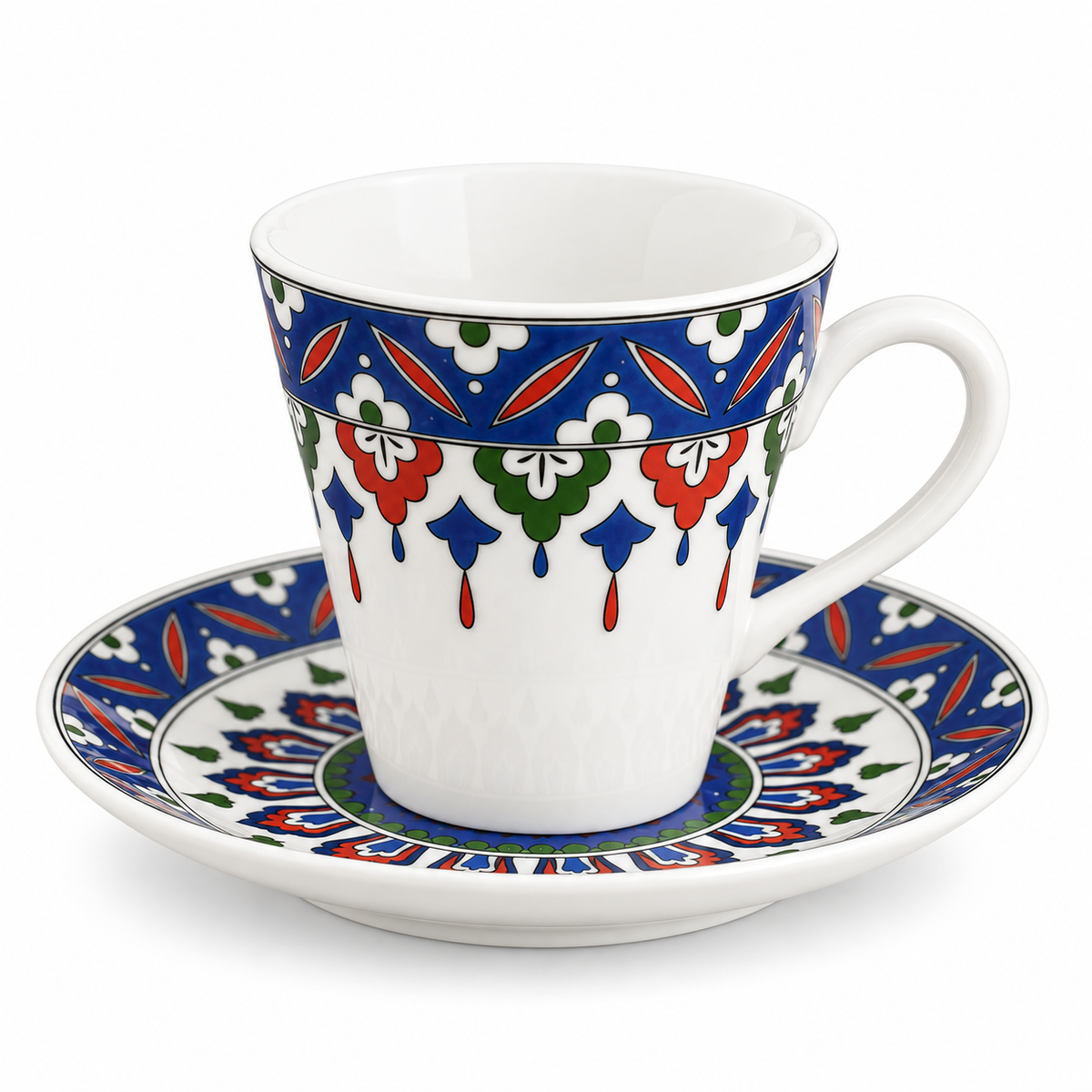Cobalt blue Turkish ceramic coffee cup and matching saucer on white