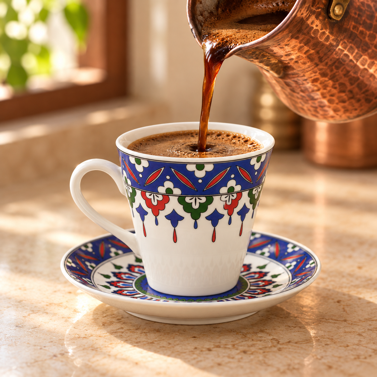 Coffee poured into a cobalt blue patterned cup and saucer