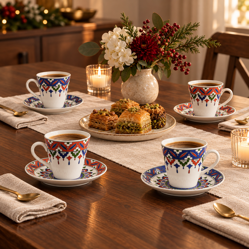 Holiday table styled with four individual Turkish coffee cup and saucer sets in coral red and cobalt blue. Each selling unit includes one cup and one saucer; coffee, food, candles and styling accessories not included.