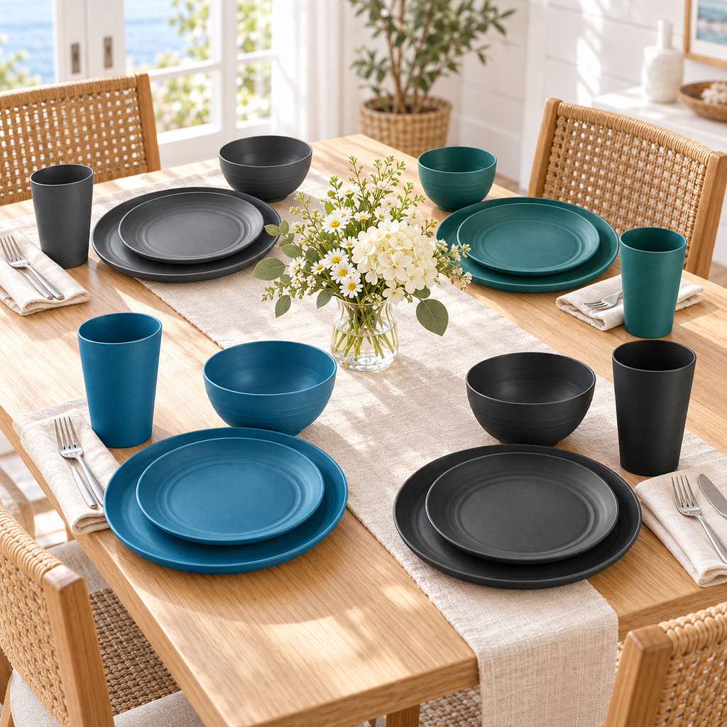 Coastal multicolor wheat straw dinnerware on a family dining table. Food, flatware and extra decor are styling props, not included.
