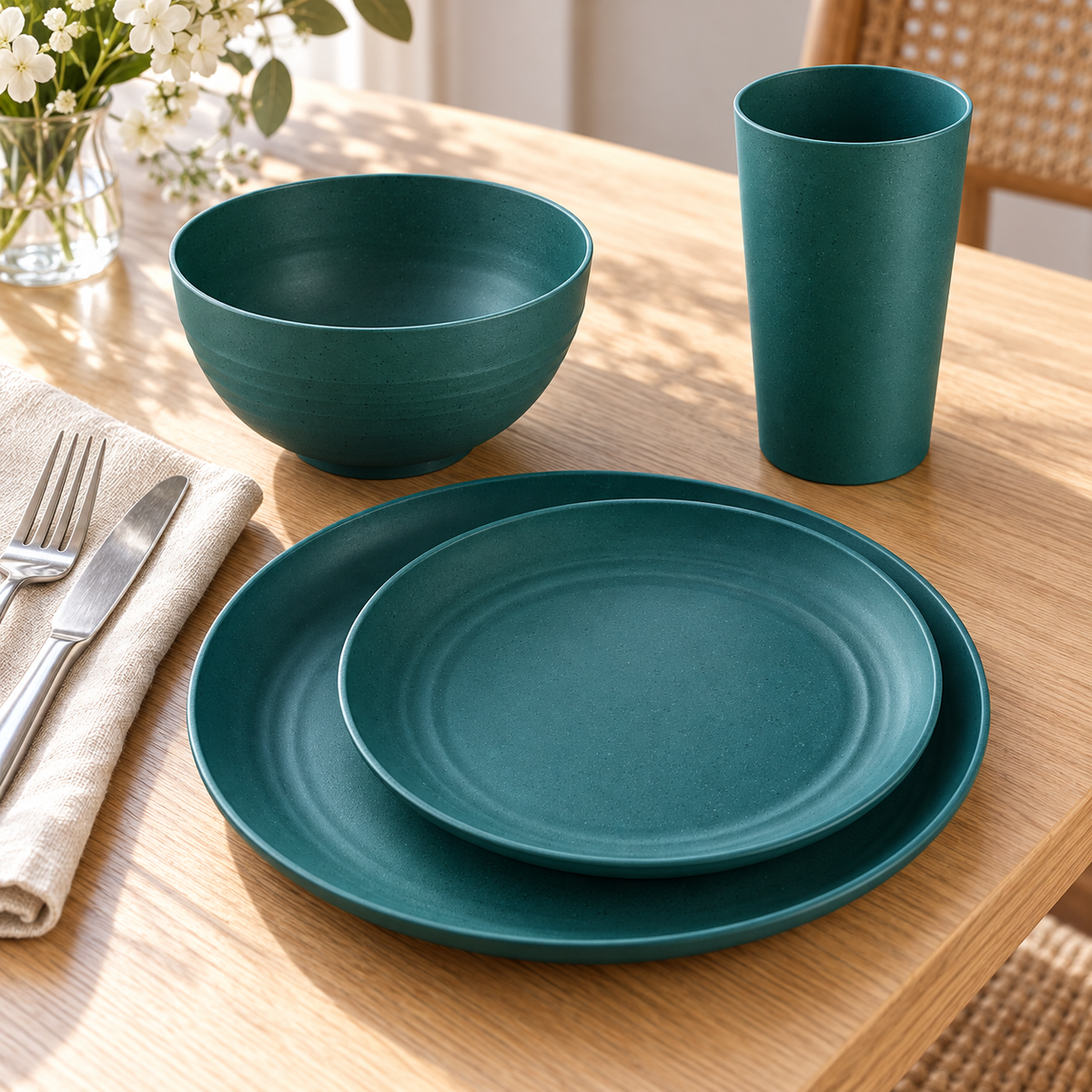 Wheat straw dinnerware in an individual place setting. Food, flatware and extra decor are styling props, not included.