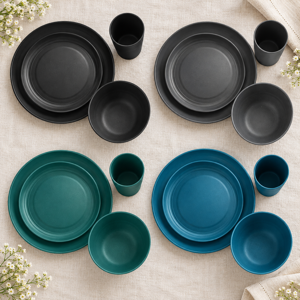 Overhead view of multicolor wheat straw dinnerware. Food, flatware and extra decor are styling props, not included.