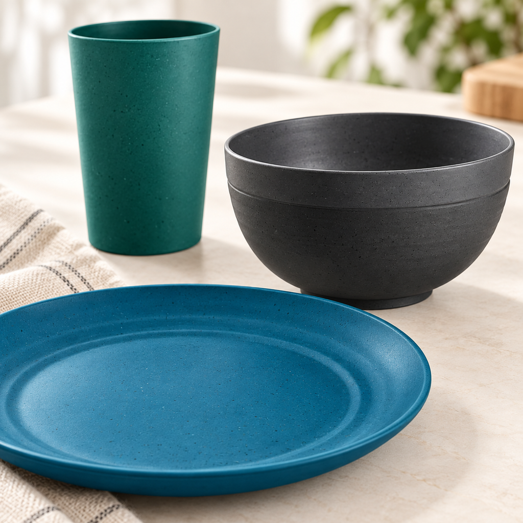Close-up of wheat straw dinnerware showing the matte subtly speckled material. Food, flatware and extra decor are styling props, not included.